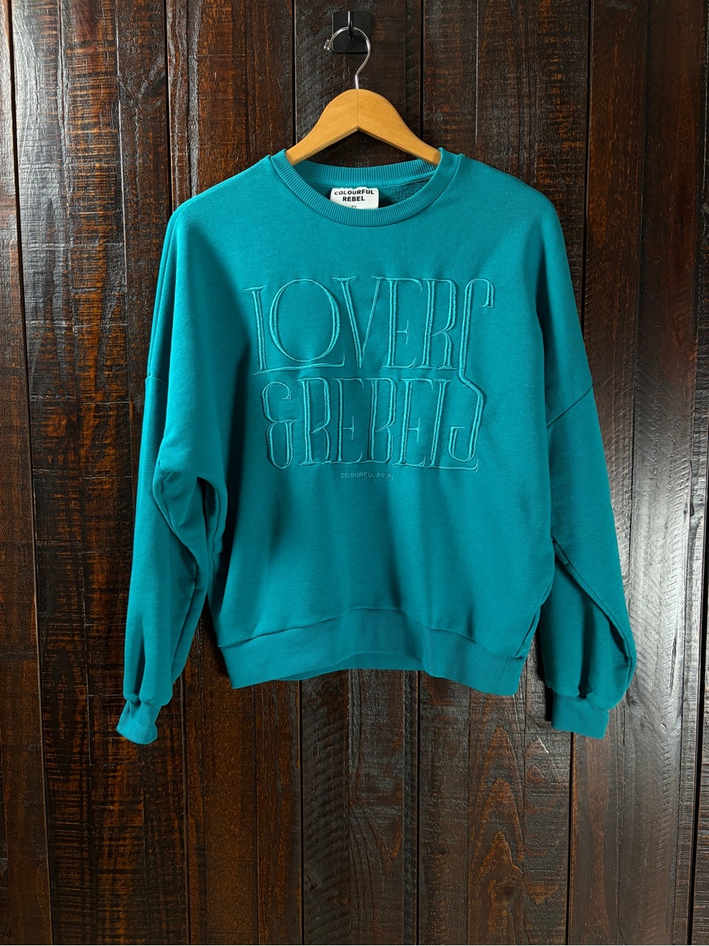 Colourful Rebel Teal 'Lovers & Rebels' Embroidered Sweatshirt Organic Cotton XS